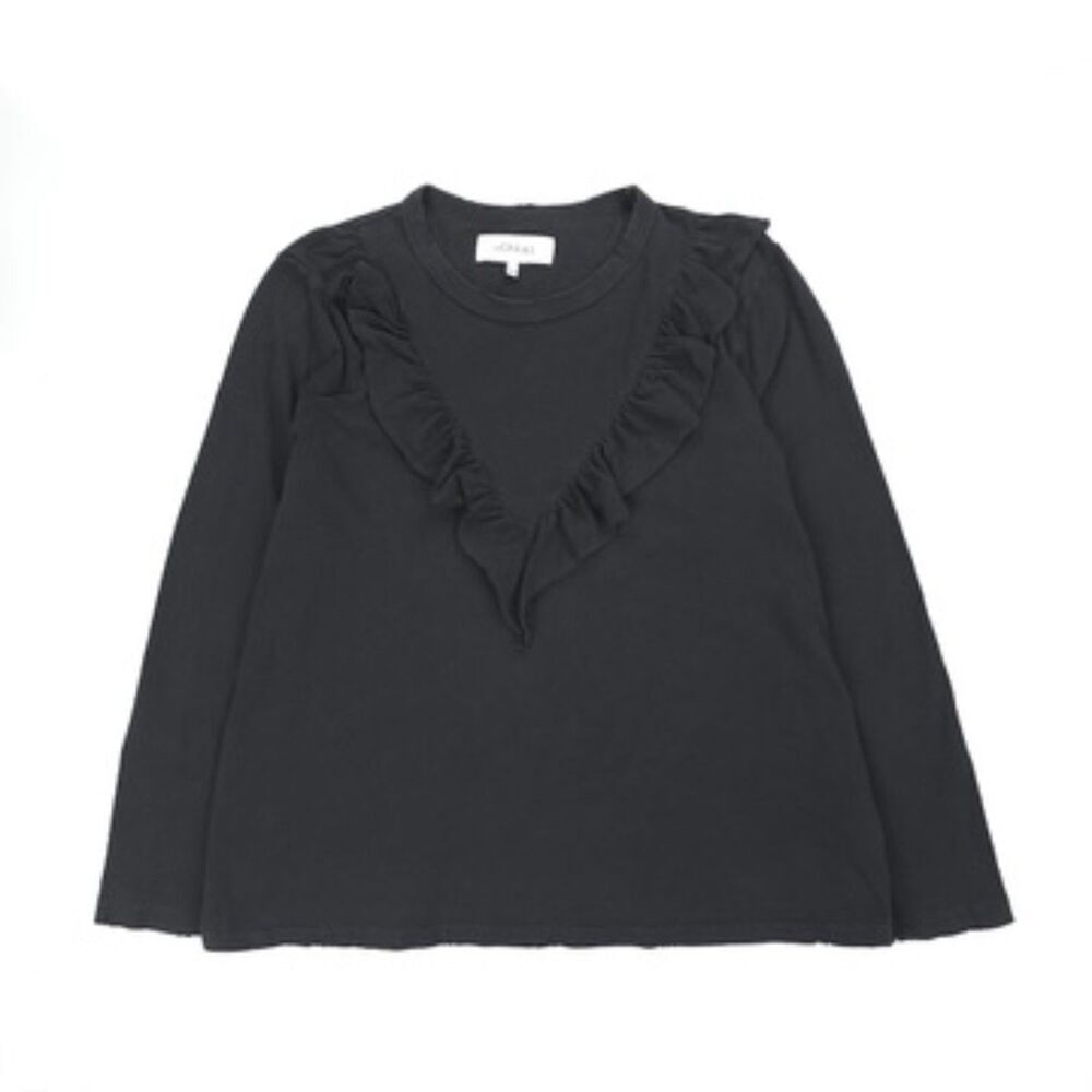 THE GREAT The Tuxedo Ruffle Trim Long Sleeve Tee Black Minimal Cottagecore Boho
